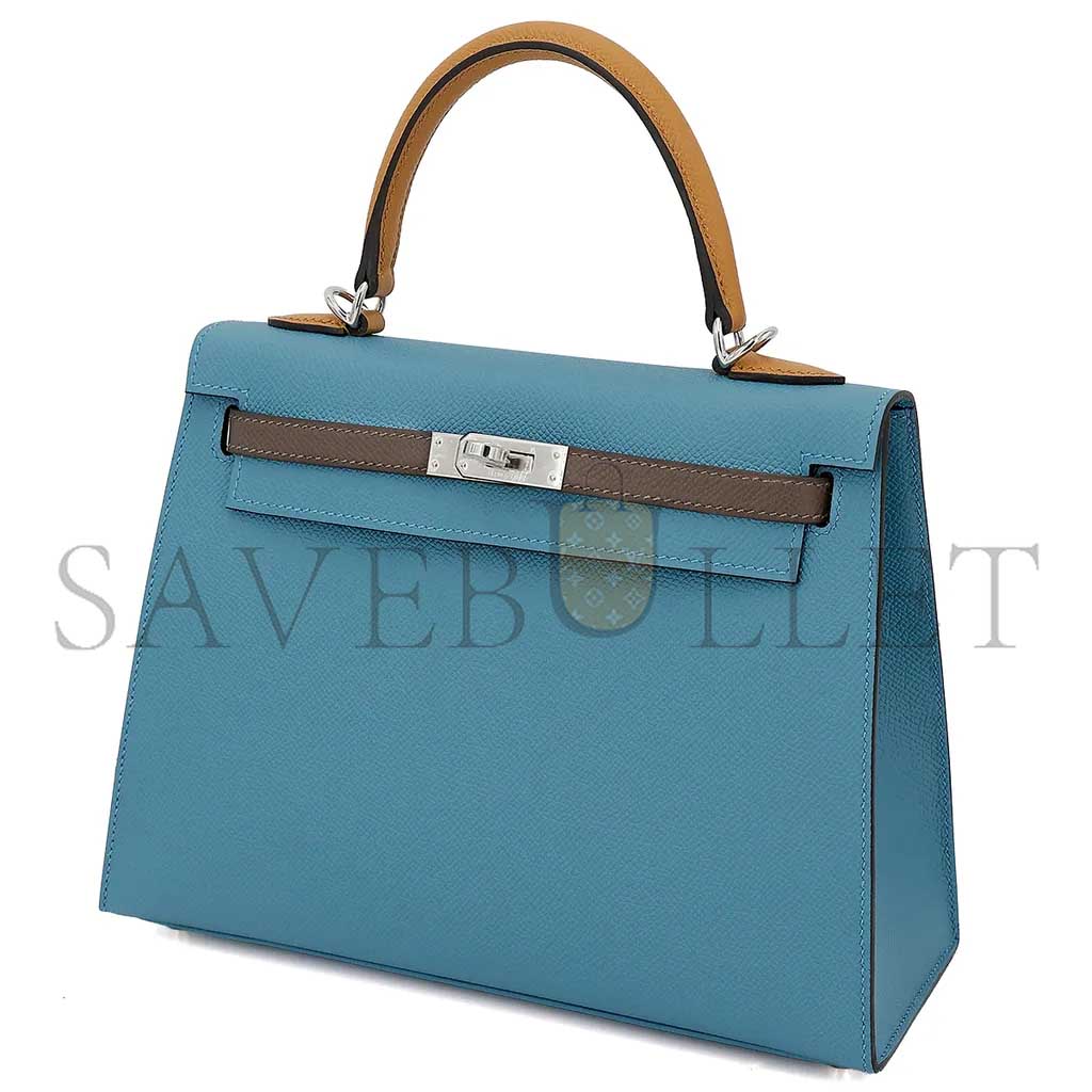HERMÈS MASTER KELLY 25 BARK COLOR 2S SESAME DENIM BLUE EPSOM SILVER BUCKLE (25*17*7cm)